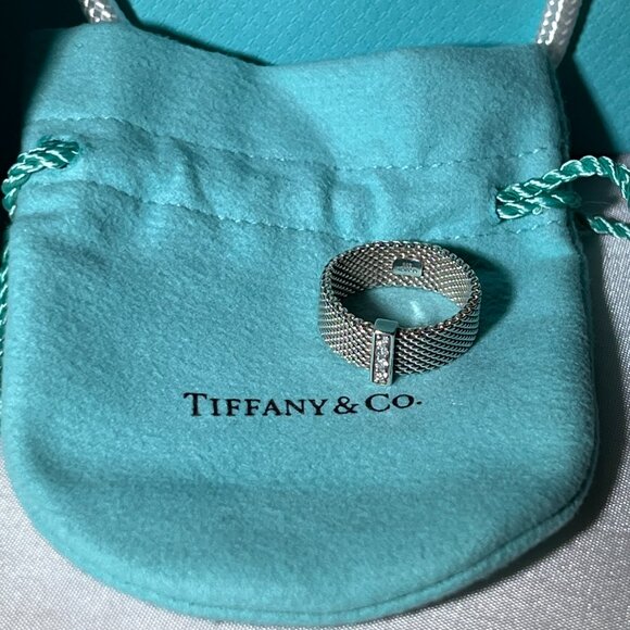 Tiffany & Co Somerset 4 Diamond Ring Mesh Weave in Sterling Silver *RETIRED* - Picture 4 of 10